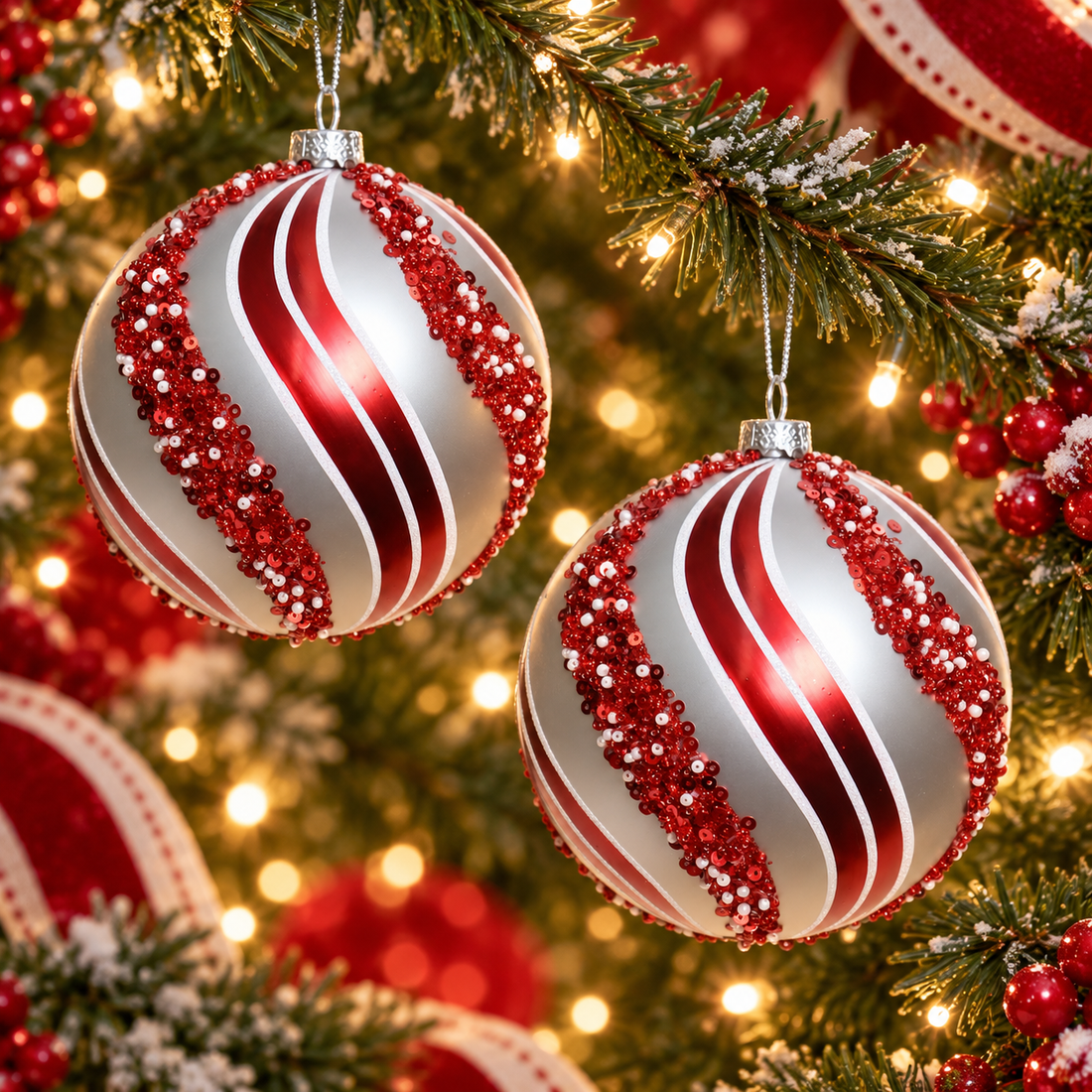 AI illustration of two matching red white beaded swirl ornaments, tree-lifestyle