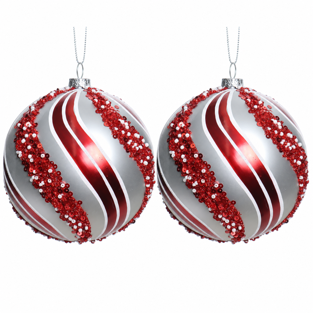 AI illustration of two matching red white beaded swirl ornaments, white-background