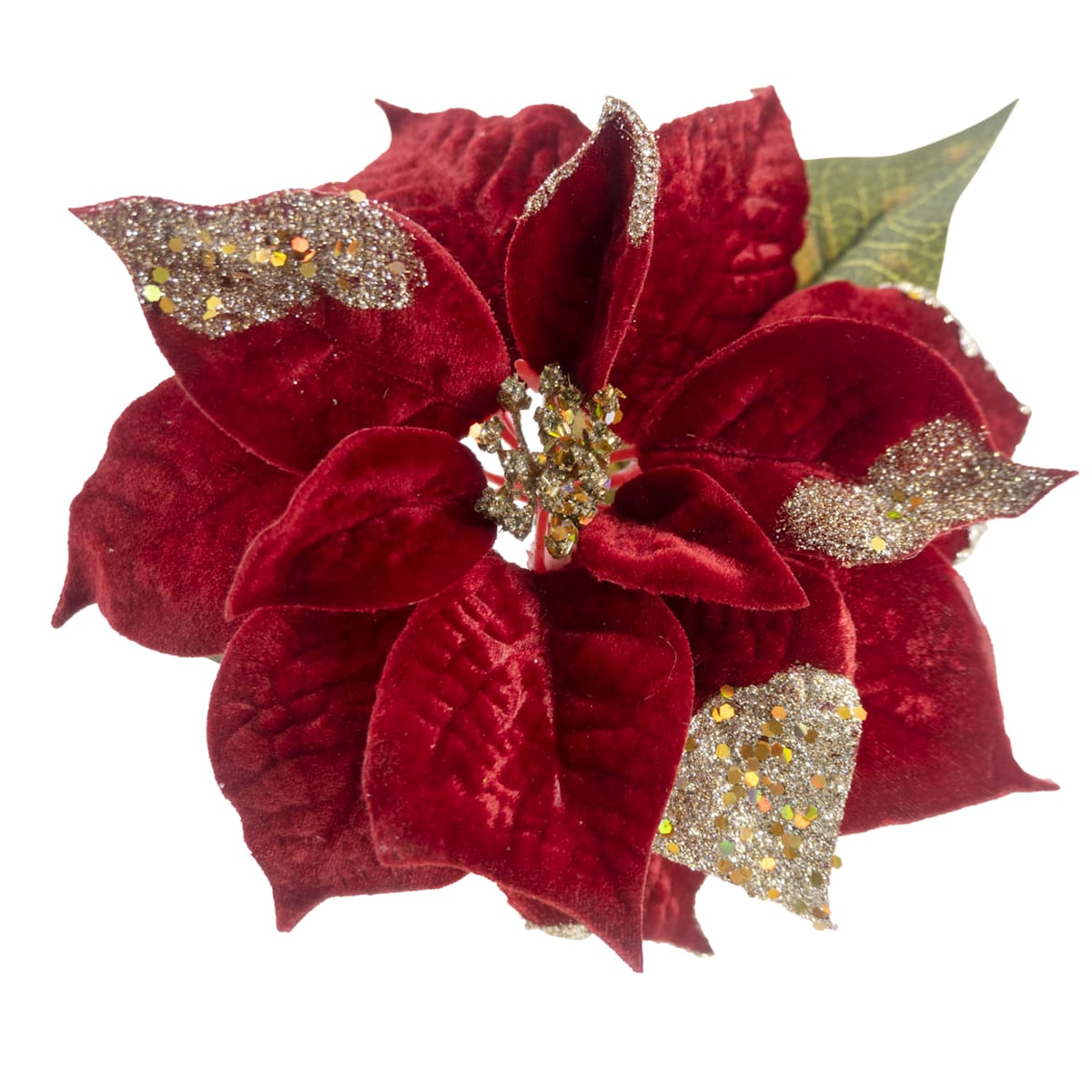 21″ Sequin Edge Red Poinsettia Stem – Sparkling Christmas Floral Pick Décor