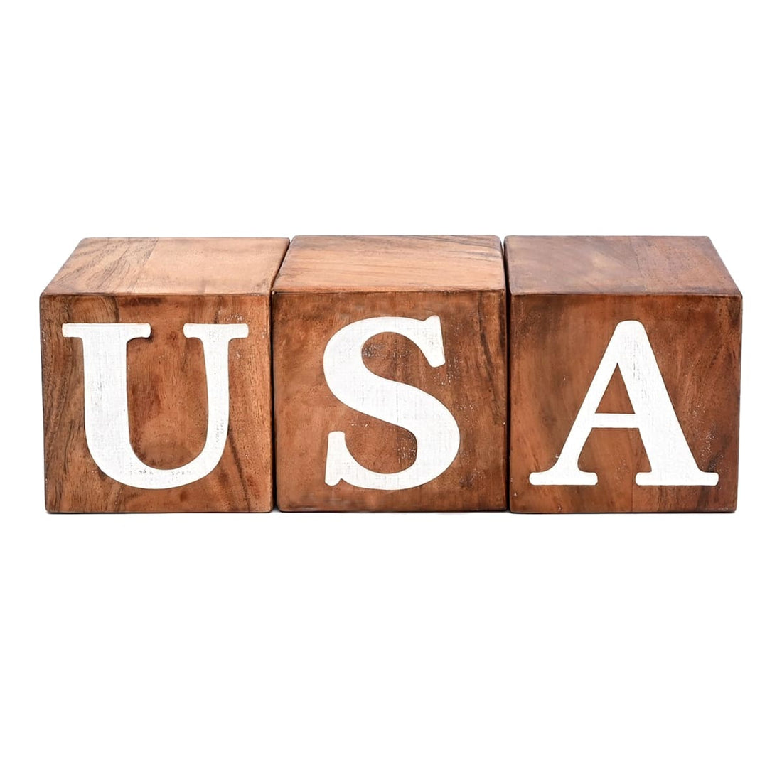 Set of three red white and blue Americana wooden decor blocks