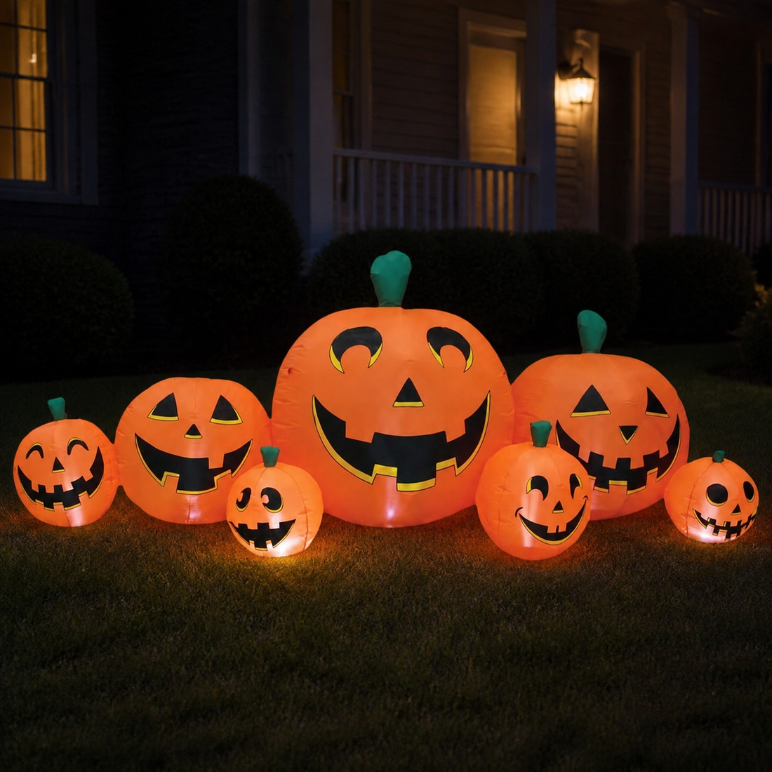 Seven connected light-up jack-o'-lantern inflatables displayed in a front yard at dusk