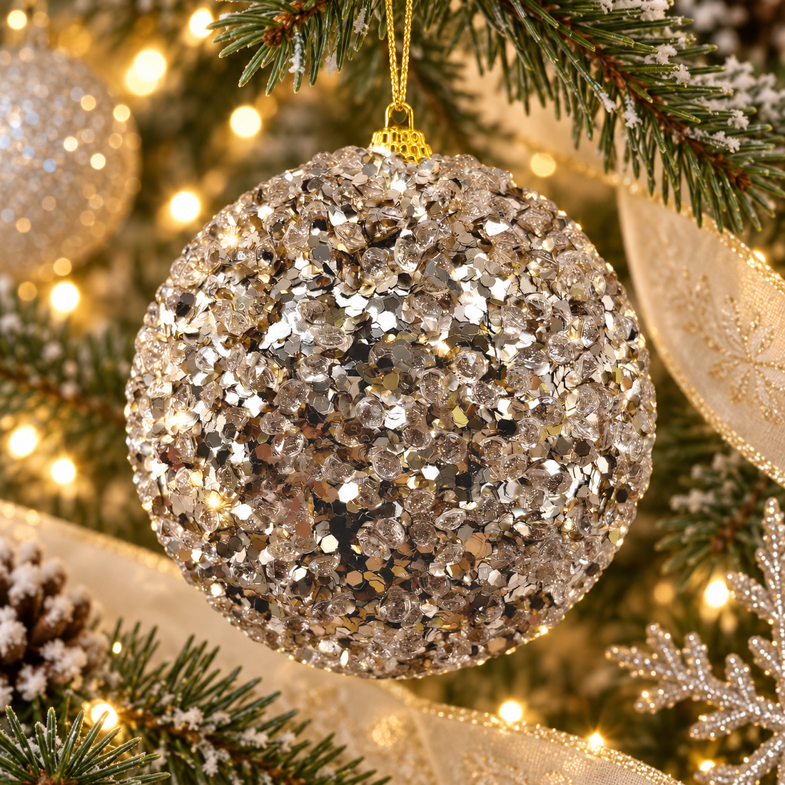 AI-generated tree styling with silver shining ball ornament; accessories not included