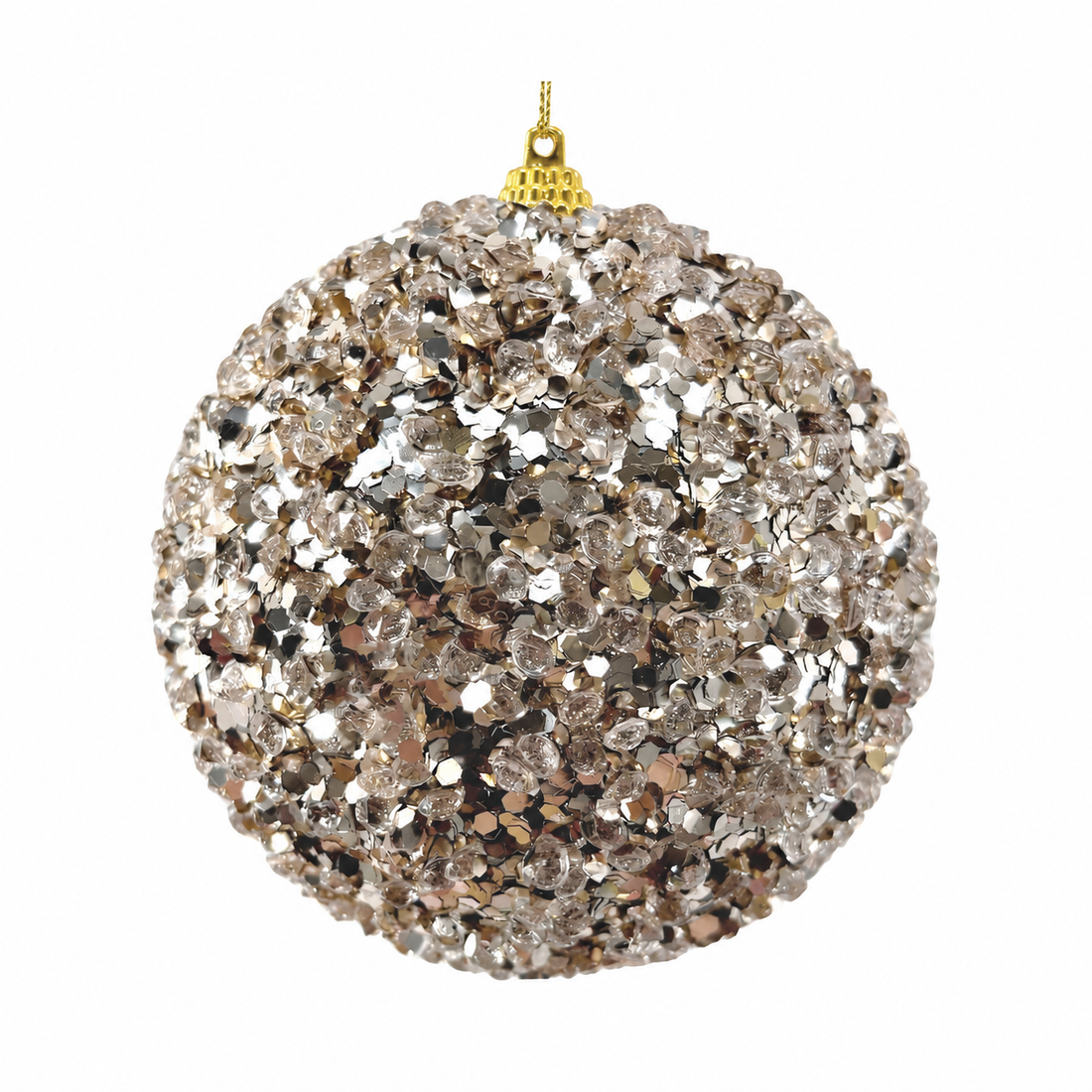 Single silver shining ball ornament on white background; AI-edited measurement marks removed