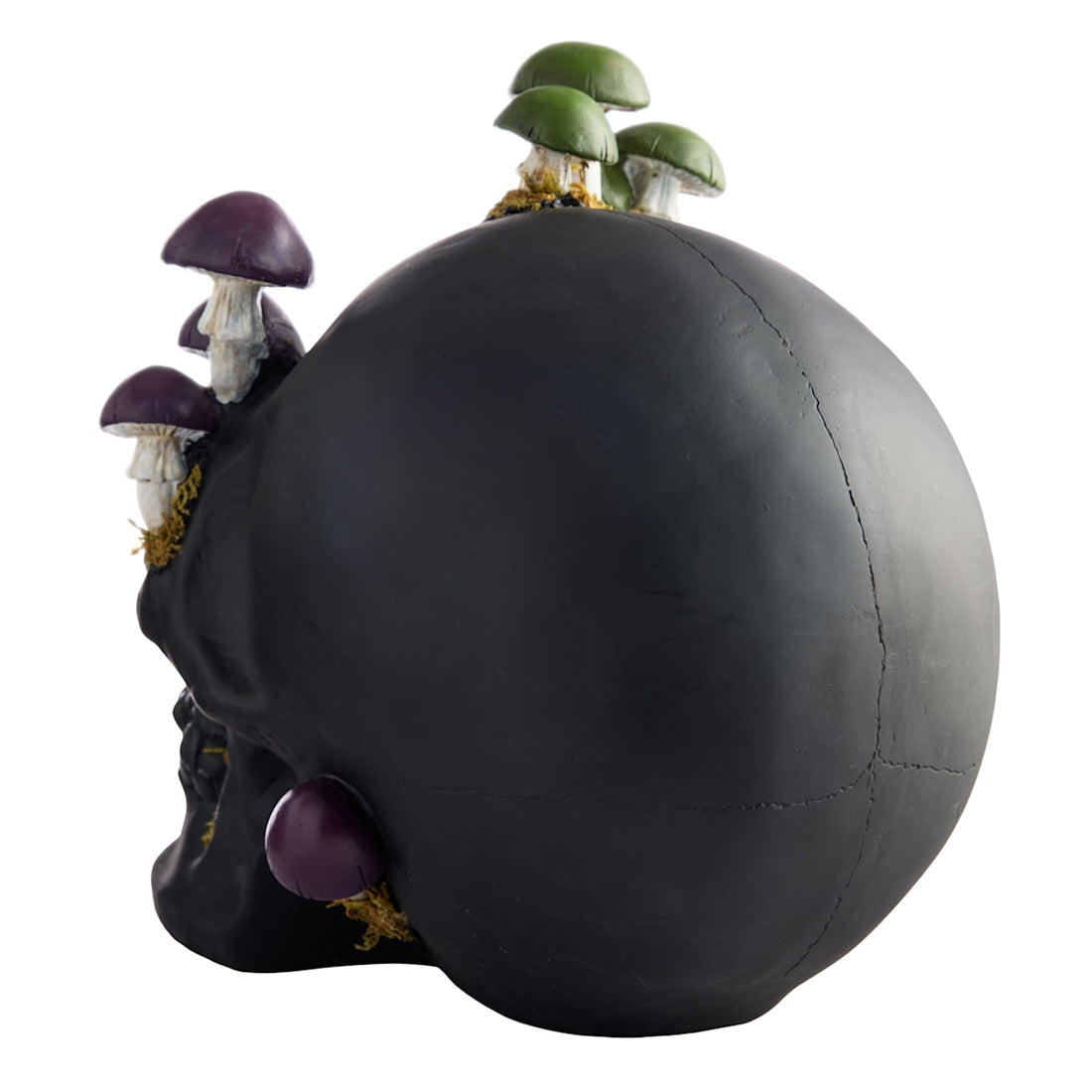 Alternate view of skull figurine with sculpted mushroom accents