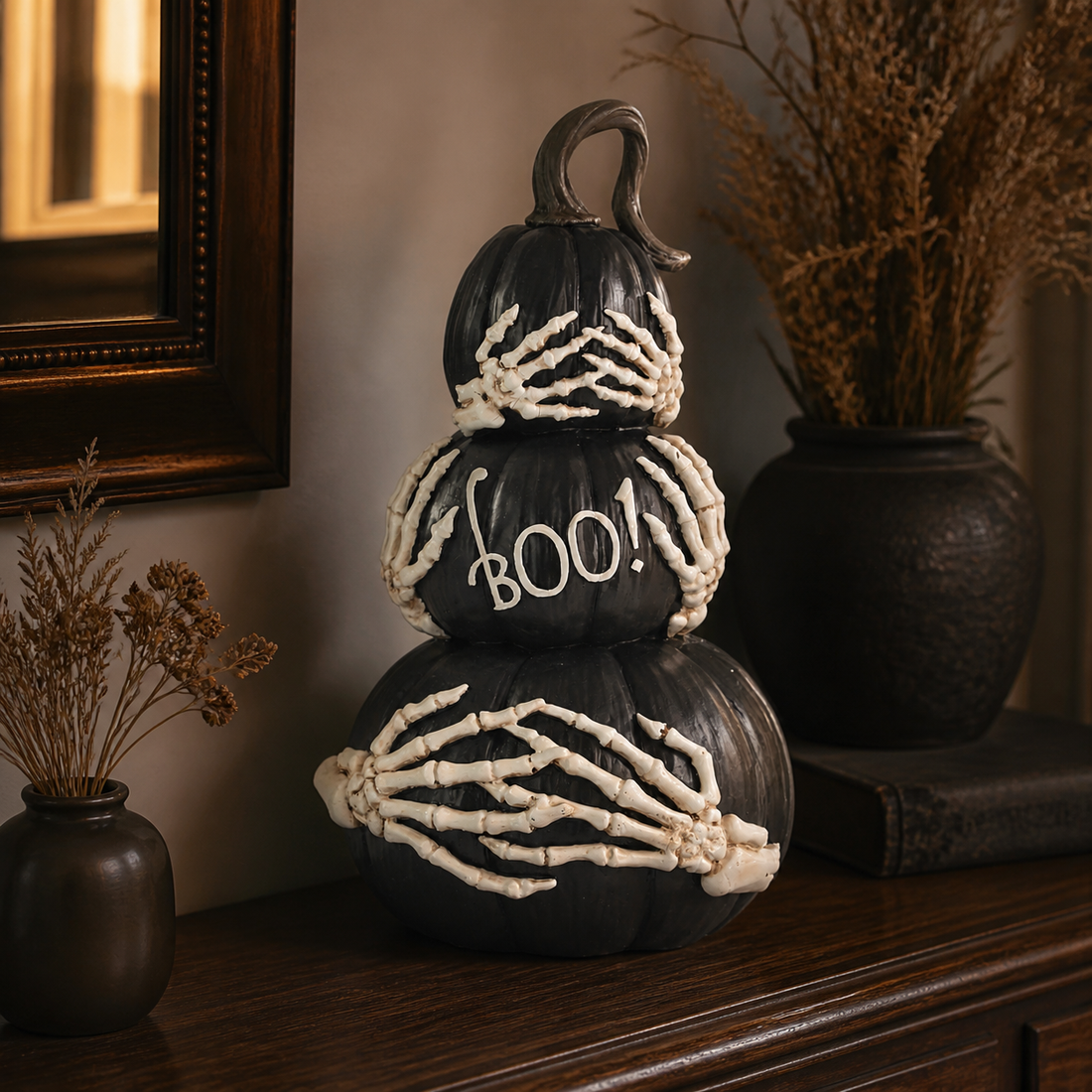Stacked black BOO pumpkins with skeleton hands styled on an entryway console