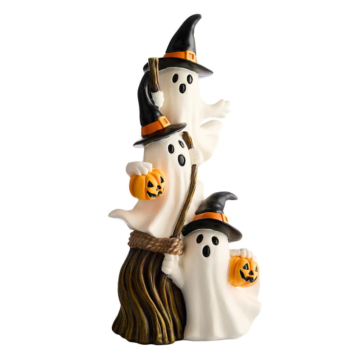 12-inch stacked ghost Halloween tabletop decoration with witch hats and broom