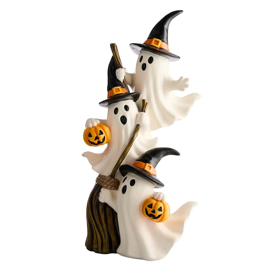 Stacked ghost resin Halloween decoration with witch hats and seasonal accents