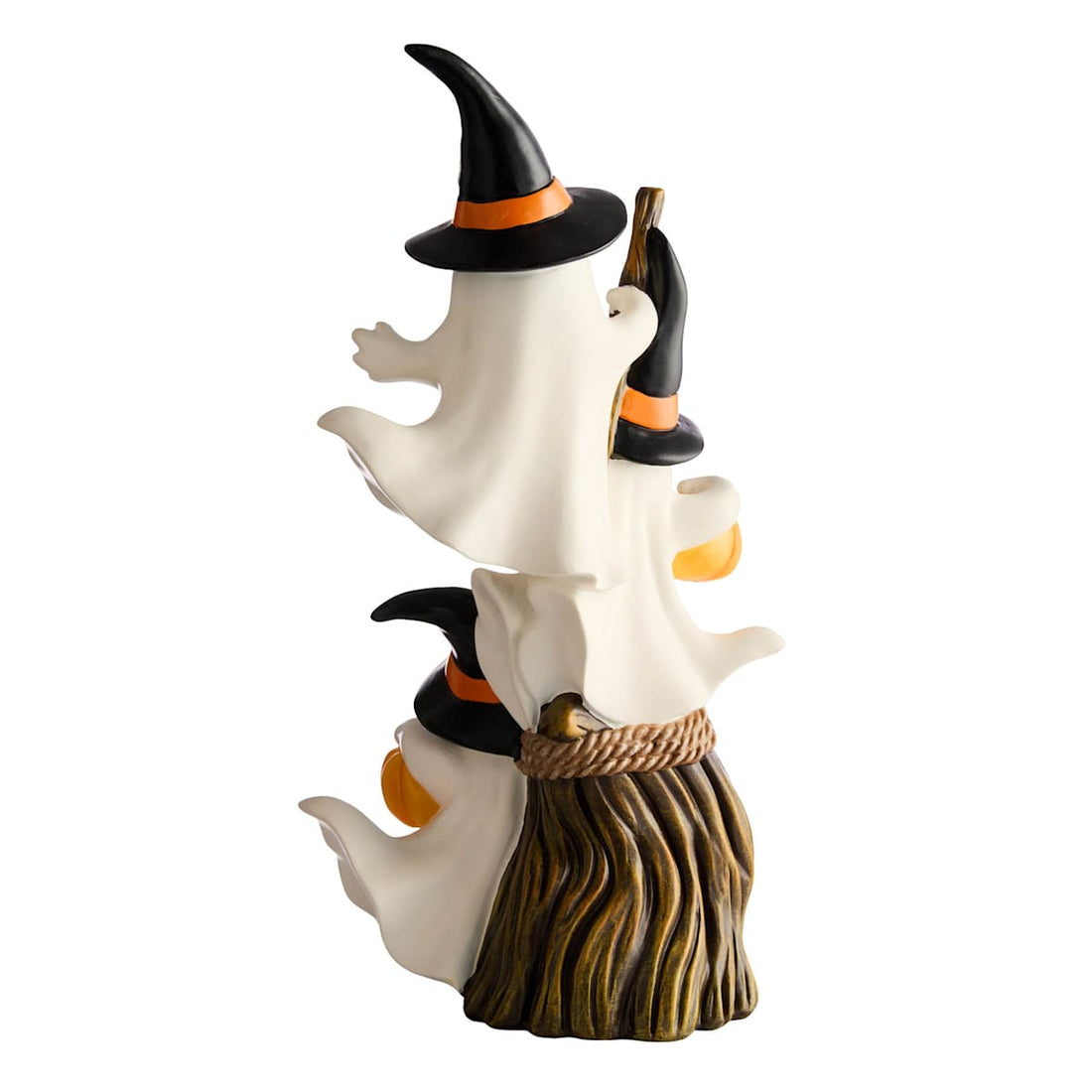 Three stacked ghost Halloween figurines wearing witch hats