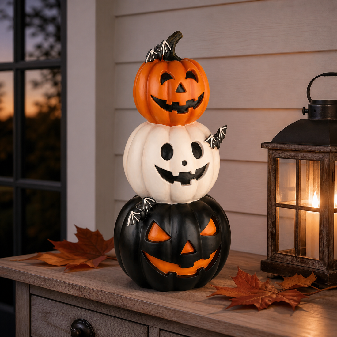 Orange cream and black stacked jack-o-lantern resin decoration displayed on a porch