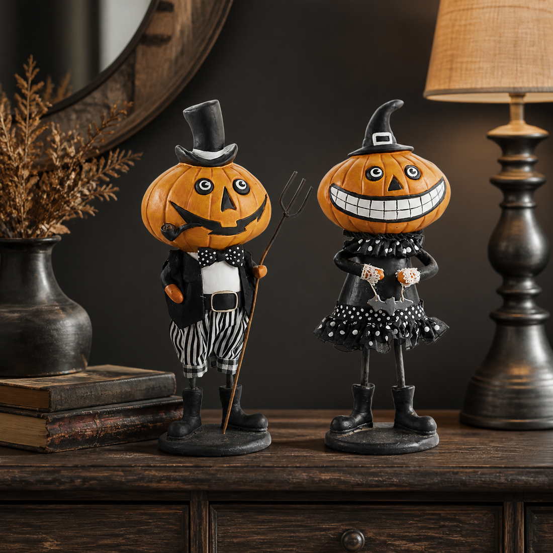 Standing pumpkin people Halloween figurines styled on an entryway console