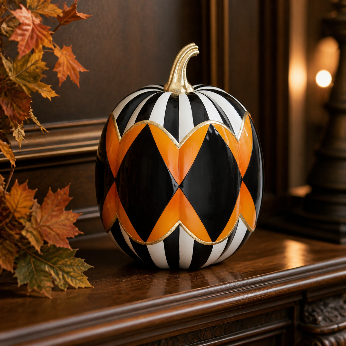 Black white striped and orange check resin pumpkin styled on a dark wood mantel