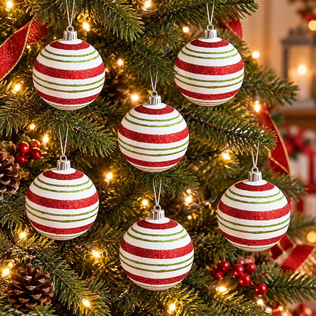 AI styling inspiration showing six red green white striped ornaments on a Christmas tree