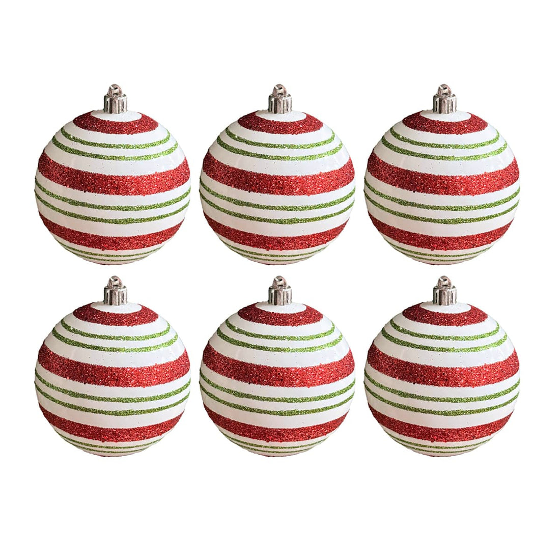 Six white Christmas ball ornaments with red and green glitter stripes on white