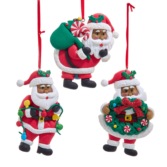 3.9" African American Santa Ornaments – Set of 3 Assorted Christmas Decorations