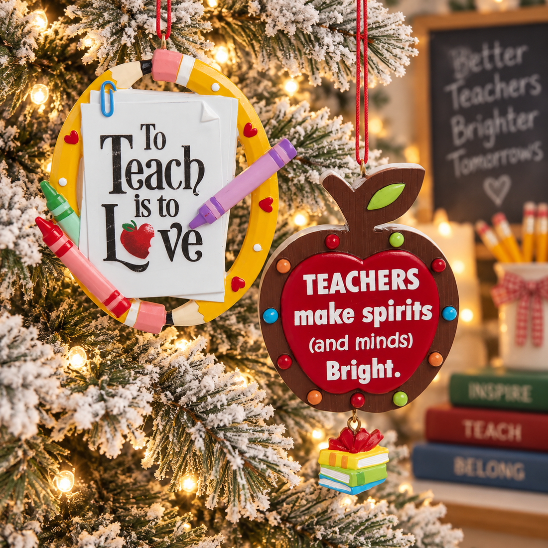 Teacher resin Christmas ornaments displayed on a flocked tree with warm lights