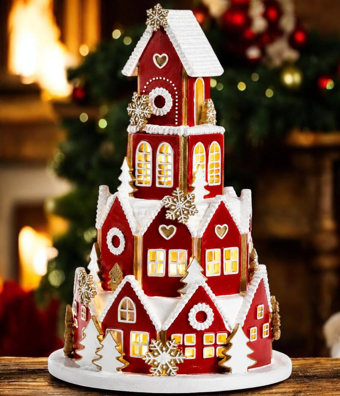 Lighted red Christmas village church with snowy holiday details