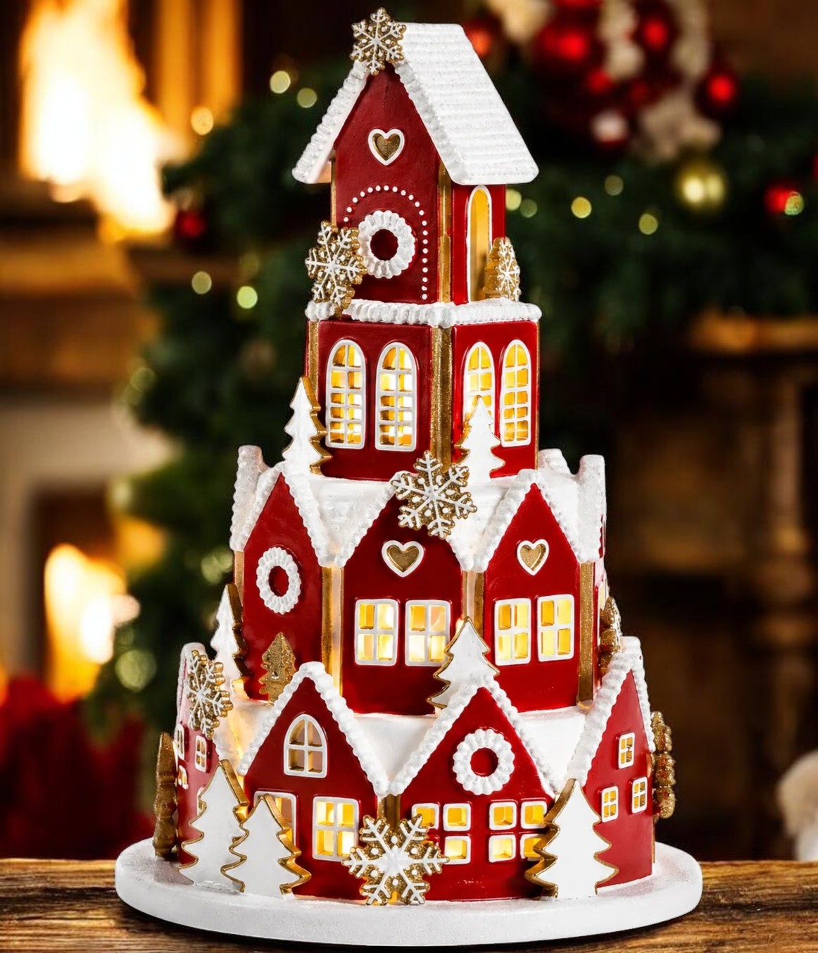 16.5" LED Lighted Red Christmas Village Church – Illuminated Holiday Village Tabletop Decoration