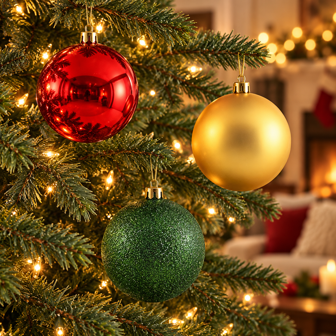 Red, gold and green ornaments on Christmas tree — AI styling illustration
