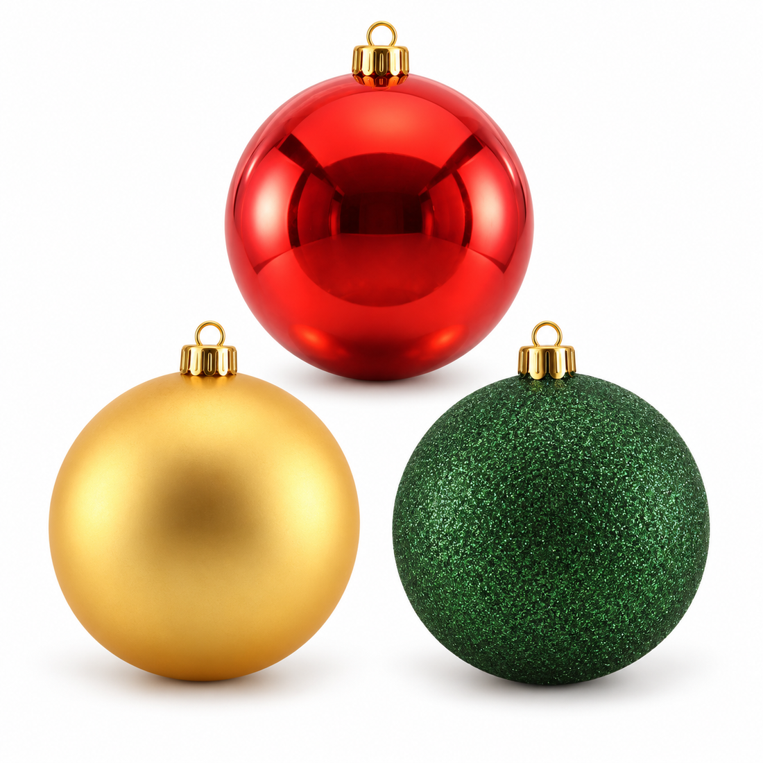 Set of three red, gold and green 6-inch ornaments on white — AI illustration