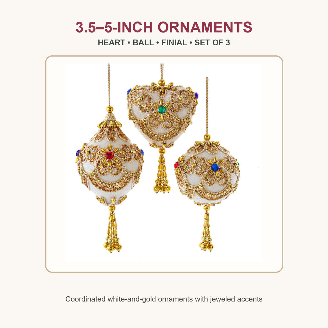 White and gold heart, ball and finial Christmas ornaments, set of three, measuring 3.5 to 5 inches