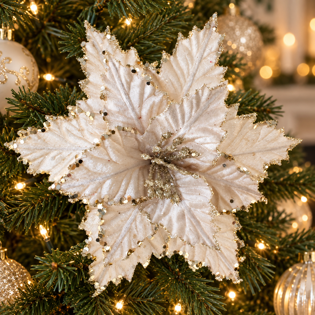 White velvet poinsettia pick with gold trim styled on an elegant Christmas tree