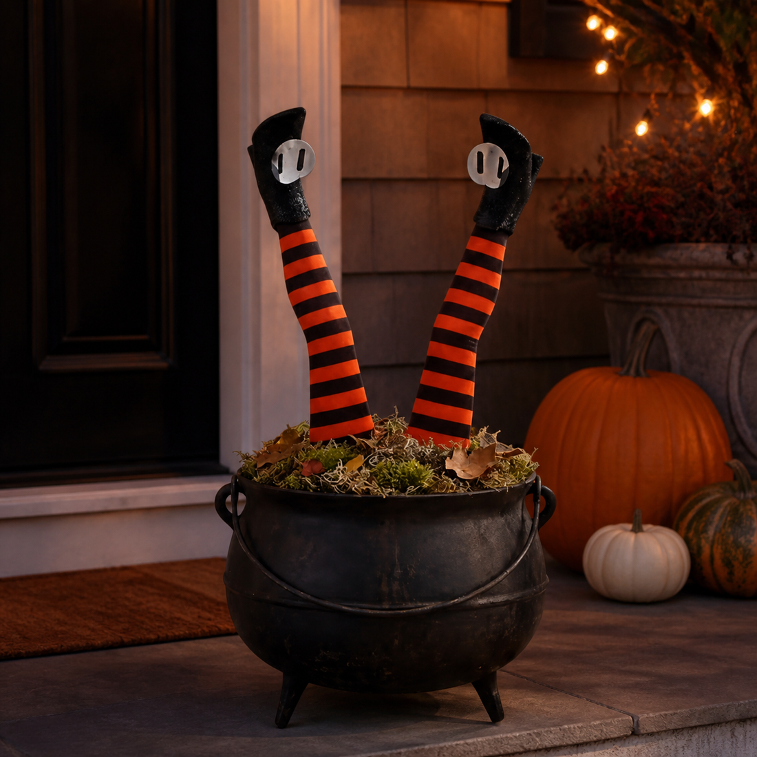Orange and black witch leg Halloween grave breakers displayed in a cauldron