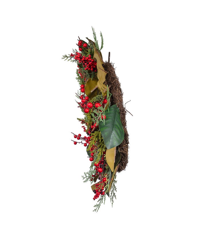 24" Un-Lit Mixed Leaves & Berries Green Wreath – Classic Christmas Decoration
