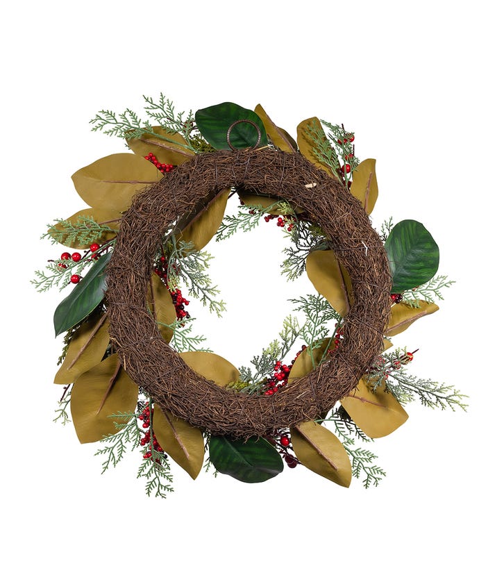 24" Un-Lit Mixed Leaves & Berries Green Wreath – Classic Christmas Decoration