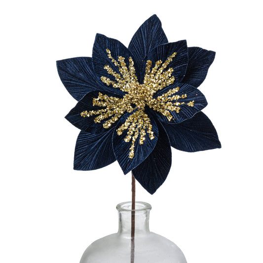 20" Navy Blue Velvet Poinsettia Pick with Gold Sequins – Luxury Christmas Floral Stem