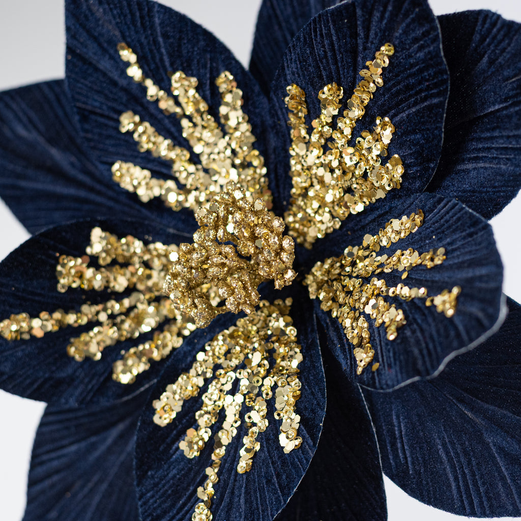 Navy velvet Christmas poinsettia floral pick alternate view