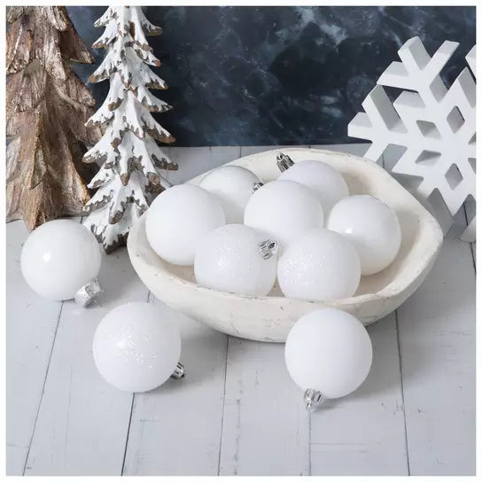 Extra Small set of 50 60mm White & Silver Christmas ball ornaments; props not included