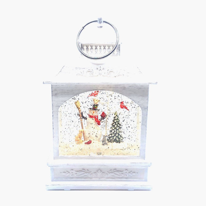 12" White Water Snow Globe Lantern with Snowman & Cardinals