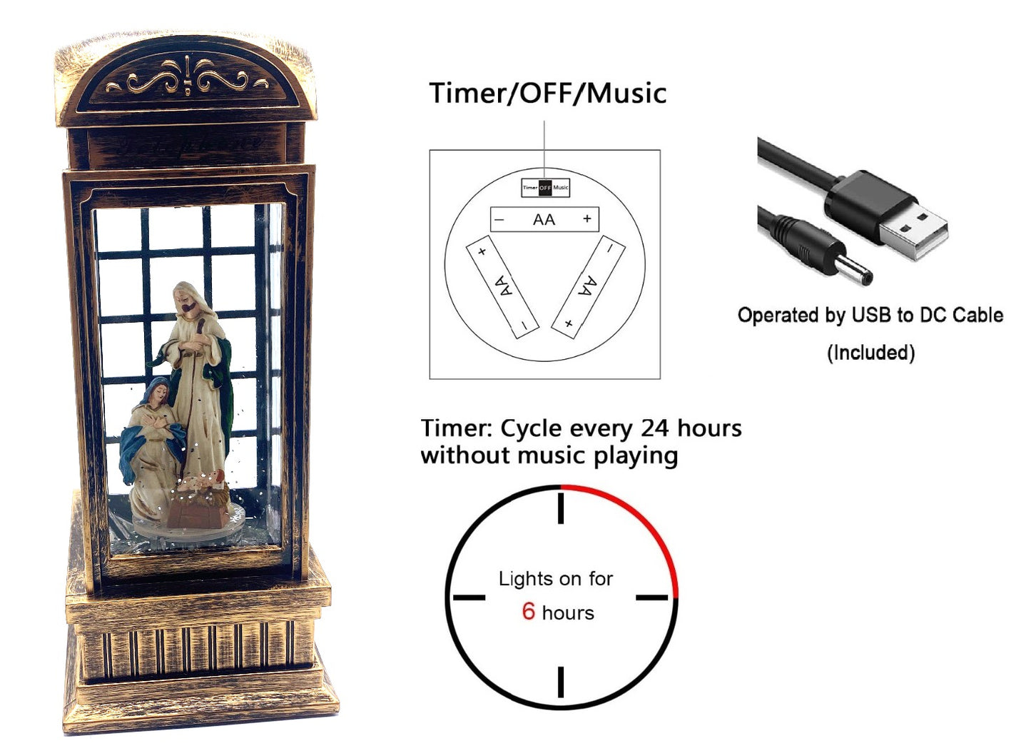 11" Water Snow Telephone Booth Nativity - Unique Illuminated Christmas Decoration