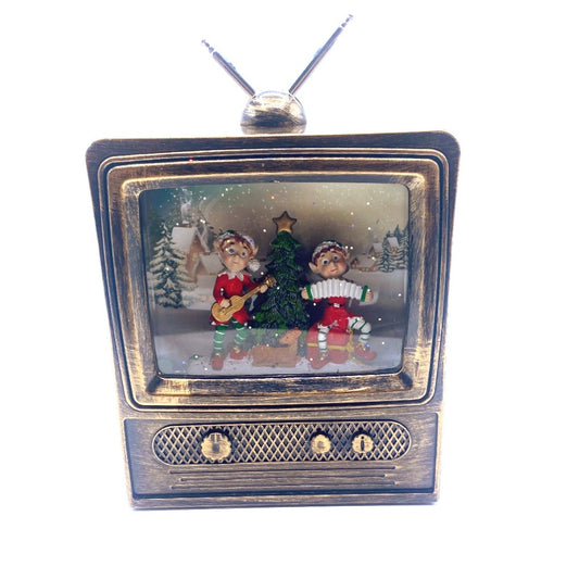 10" Retro TV Water Snow Globe with Musical Elves - Vintage Christmas Decoration