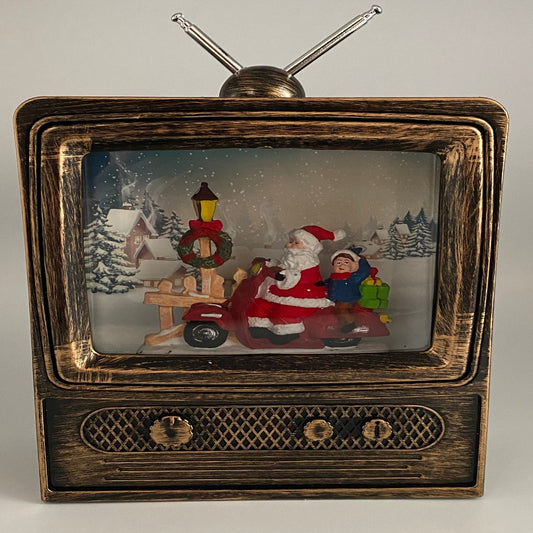 10" Retro TV Water Snow Globe with Santa and Kid on Scooter - Vintage Christmas Decor