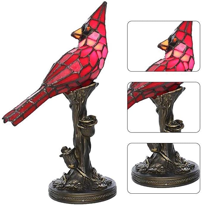 Handcrafted cardinal stained glass lamp with tree trunk base