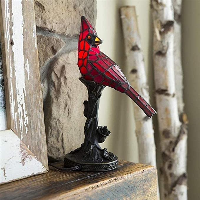 13.5-inch cardinal red bird stained glass accent lamp