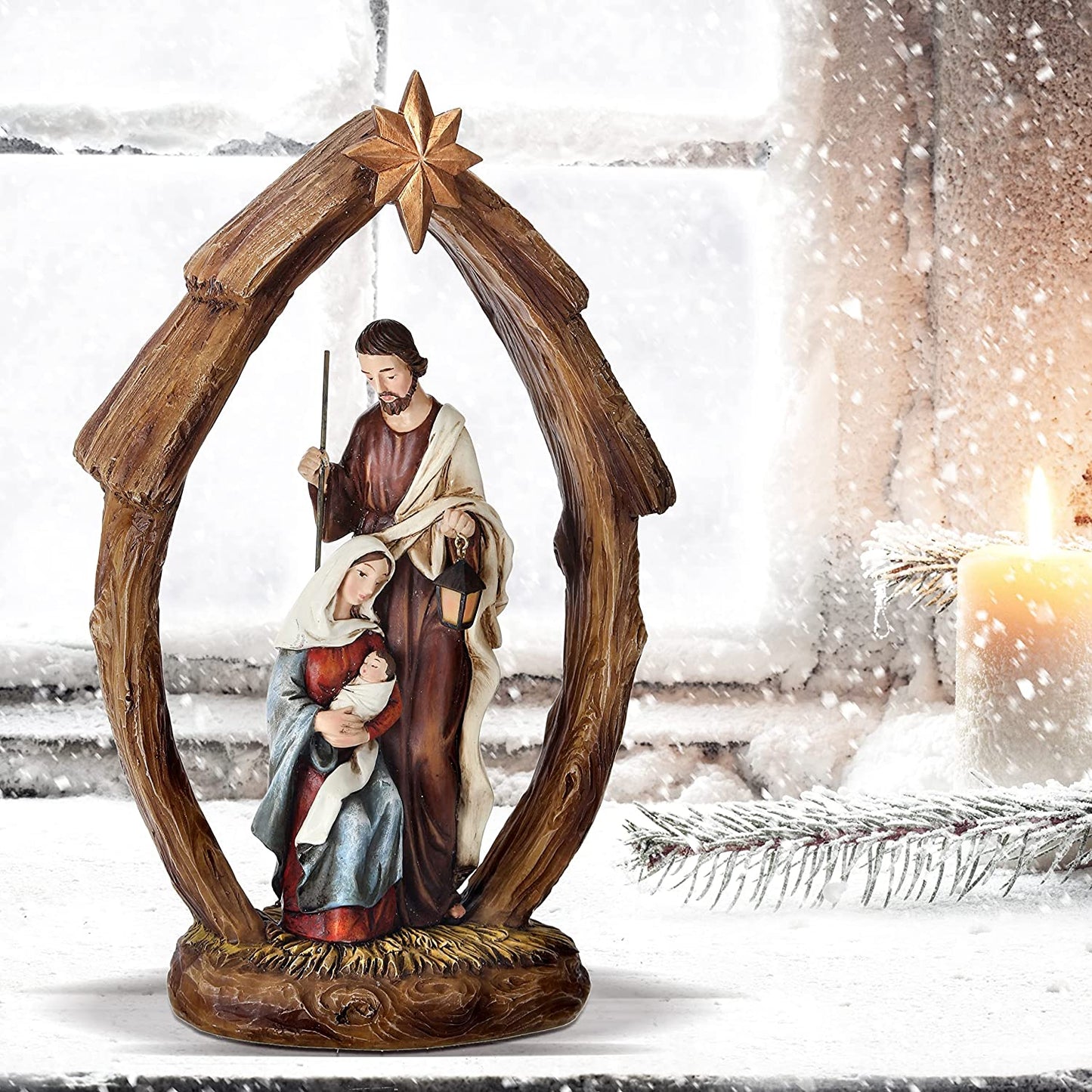 12" Holy Family Resin Nativity in Arch with Star - Handmade Christmas Decoration