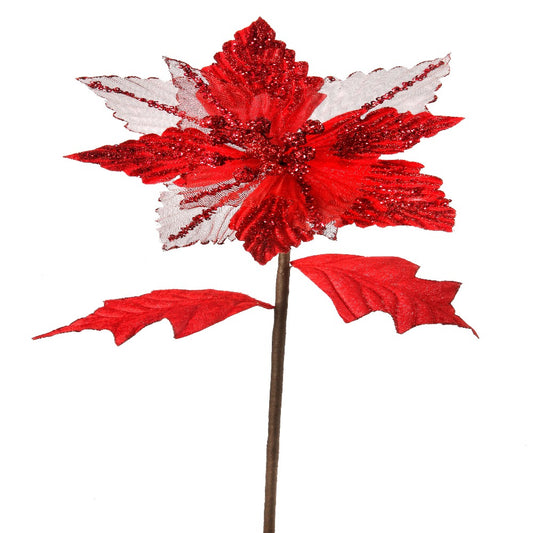 28" Glitter Velvet Sheer Poinsettia Flower – Elegant Christmas Floral Décor