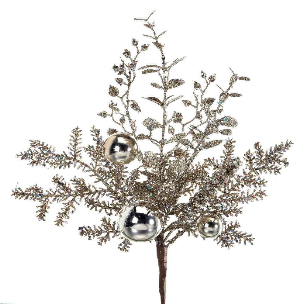 18" Platinum Glittered Smilax, Berry, and Fir Ball Spray – Elegant Christmas Decoration