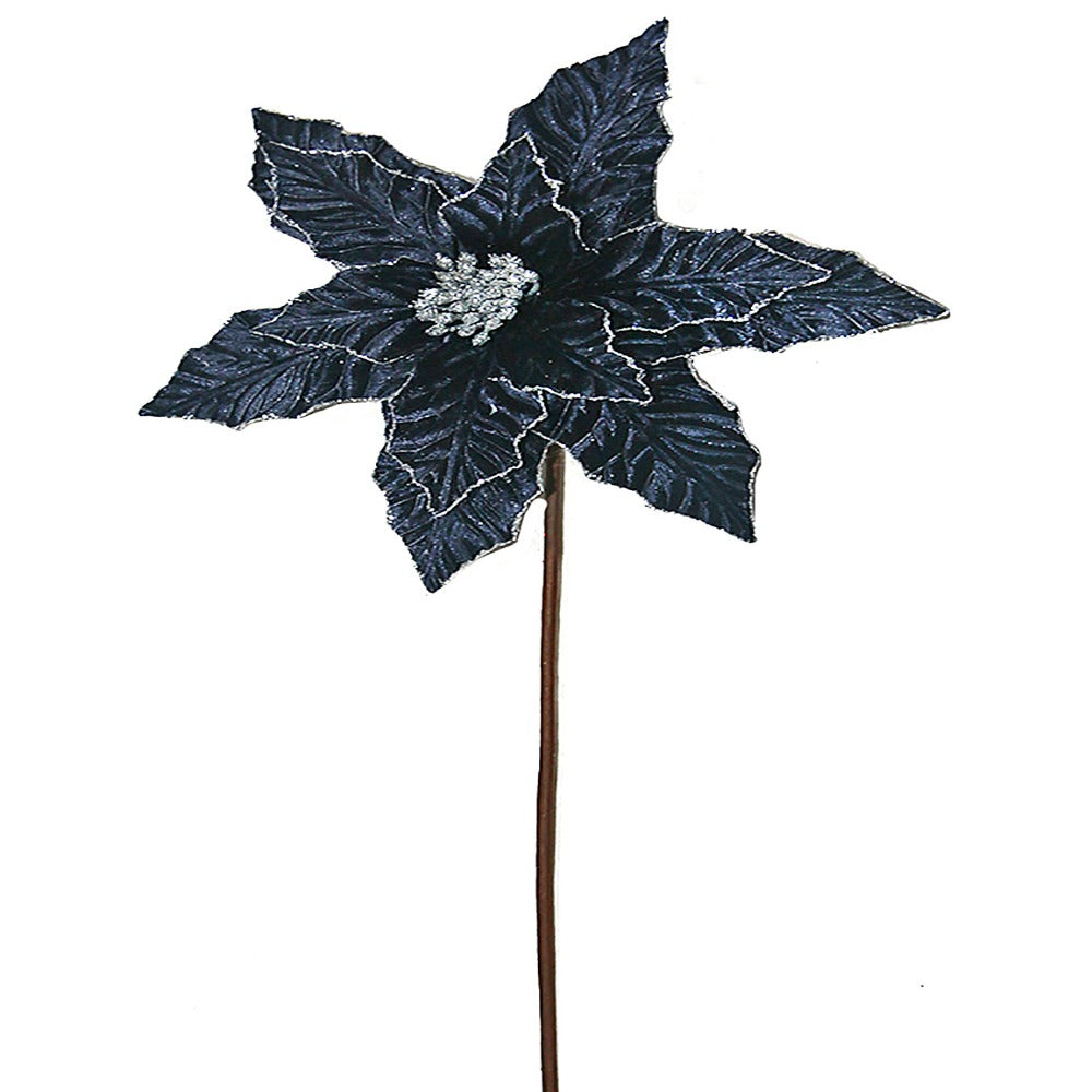 24" Dark Blue Glitter Edge Velvet Poinsettia Stem - Luxurious Christmas Floral Decoration