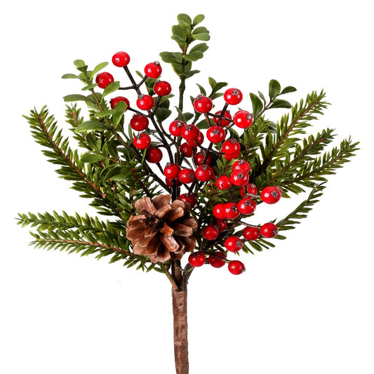 14" Waterproof Berry and Boxwood Fir Pick – Festive Christmas Decoration