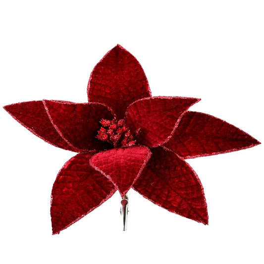 9" Burgundy Velvet Glitter Edge Jewel Poinsettia Flower Clip - Elegant Christmas Floral Decoration