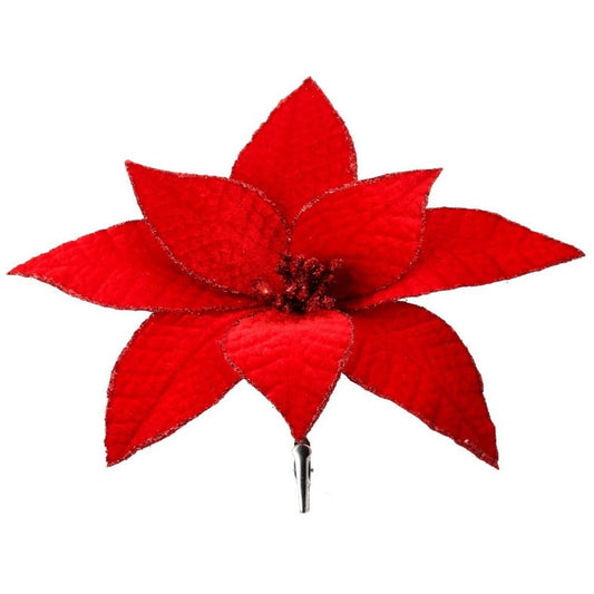 9" Red Velvet Glitter Edge Jewel Poinsettia Flower Clip - Luxurious Christmas Floral Decoration