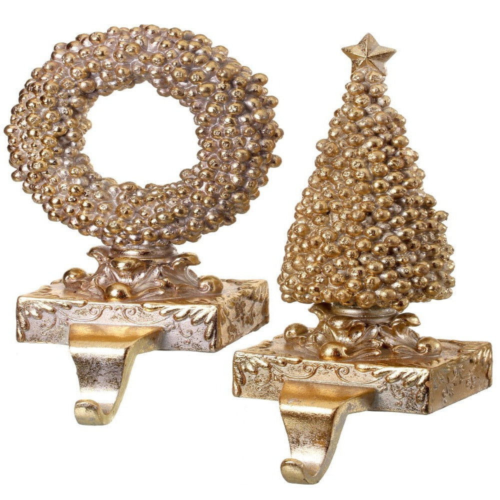 10" Resin Gilded Berry Tree & Wreath Stocking Holder – Elegant Christmas Décor