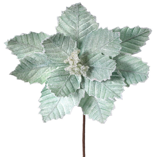 20" Mint Green Sugared Poinsettia Stem - Elegant Christmas Floral Decoration