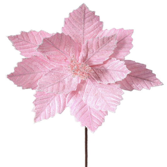 20" Pink Sugared Poinsettia Stem - Elegant Christmas Floral Decoration