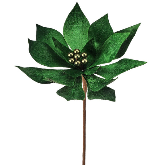 20" Green Velvet Poinsettia Flower with Pearl Center – Elegant Christmas Decoration