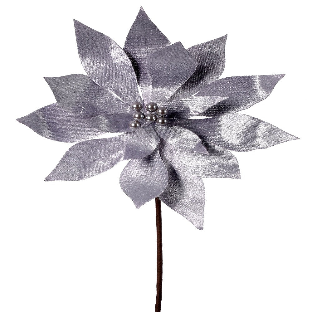 20" Silver Velvet Poinsettia Flower with Pearl Center – Elegant Christmas Decoration