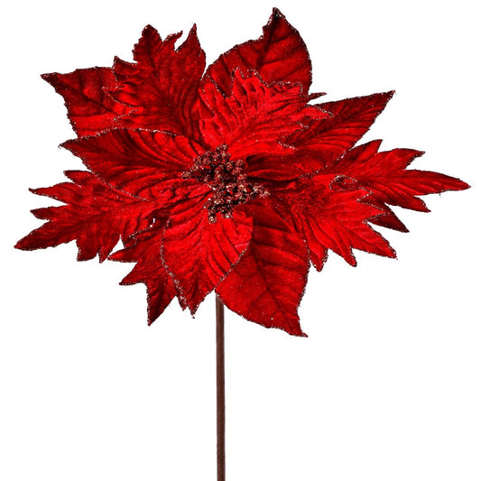 20" Red Velvet Gold Mix Glitter Poinsettia Stem - Luxurious Christmas Floral Decoration